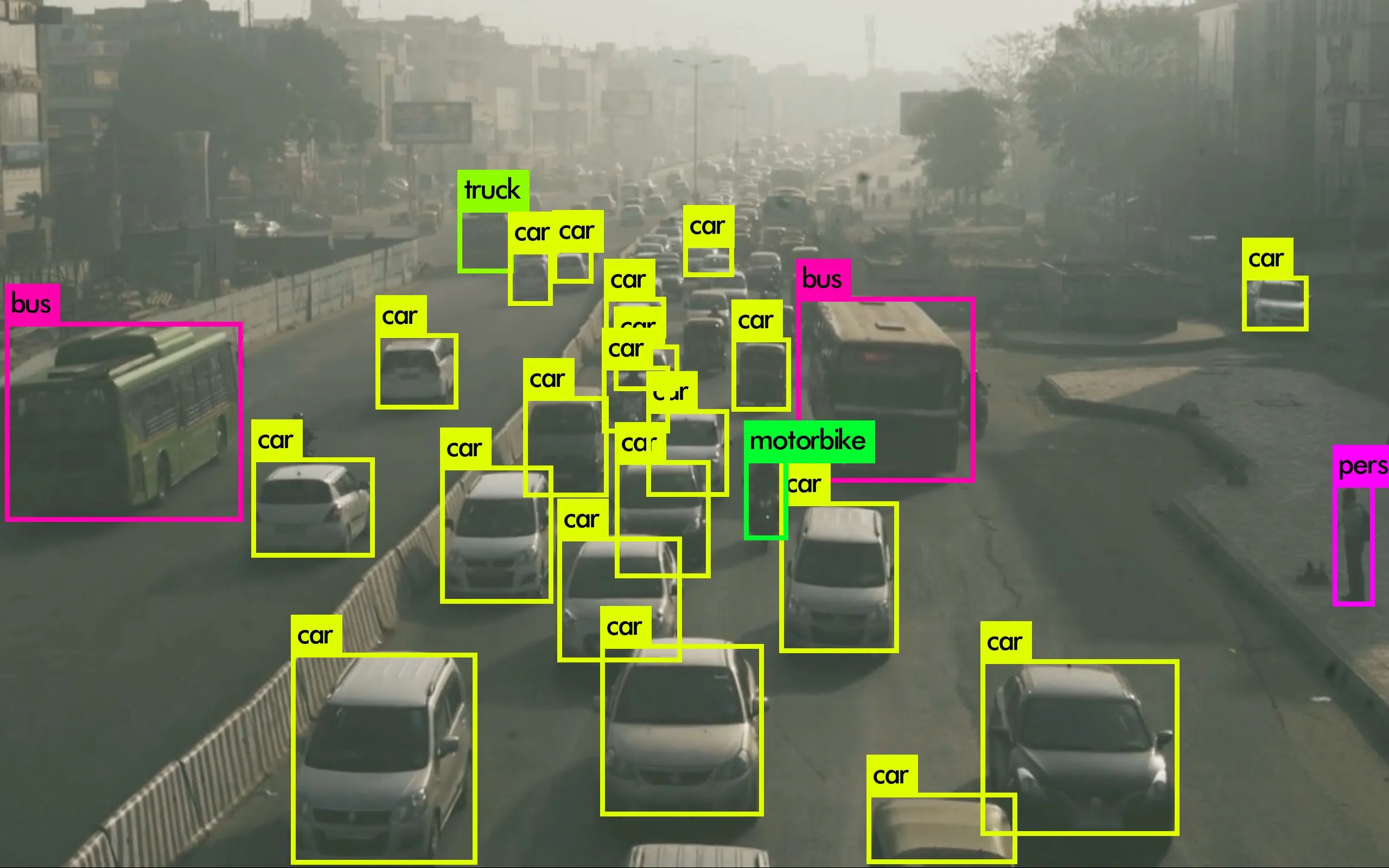 Road traffic video New Delhi with YOLO detection results